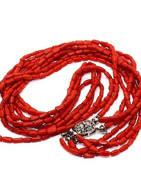 Vintage Natural Red Coral Multi Strand Necklace